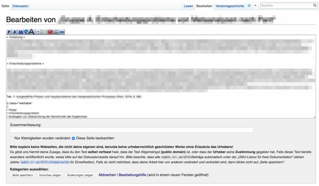 Editor-Ansicht einer Wiki-Seite mit der Wiki-Syntax