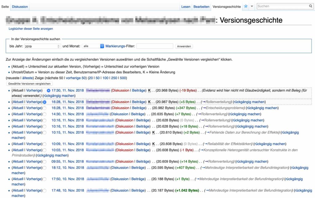 Ansicht der Versionsgeschichte in einem Wiki. Es kann auch unübersichtlich werden